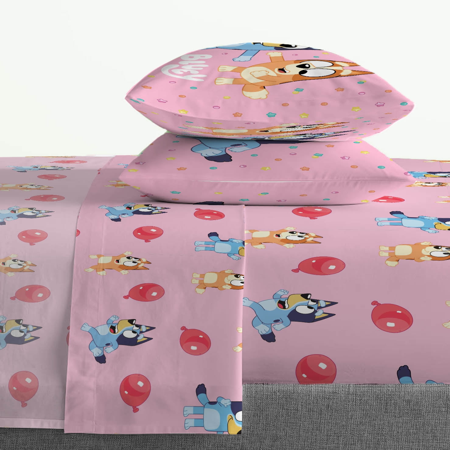 Bluey Balloon Party 4-Piece Queen Sheet Set, Polyester, Pink, BBC Studios