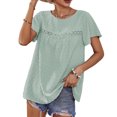 thumbnail image 1 of Top de manga corta con cuello redondo para mujer, blusa informal elegante de encaje de Color puro para trabajo de oficina, verde claro XL, 1 of 7