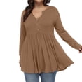 thumbnail image 3 of Baqcunre Long Sleeve Shirts For Women Women'S Long Sleeve V Neck Button Pleated Solid Color Plus Size T Shirt Top Plus Size Tops Womens Blouses Coffee XL, 3 of 7