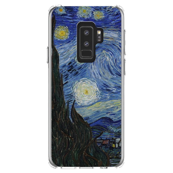 DistinctInk Clear Shockproof Hybrid Case for Samsung Galaxy S9  PLUS (6.2" Screen) - TPU Bumper, Acrylic Back, Tempered Glass Screen Protector - Van Gogh Starry Night - Classic Art