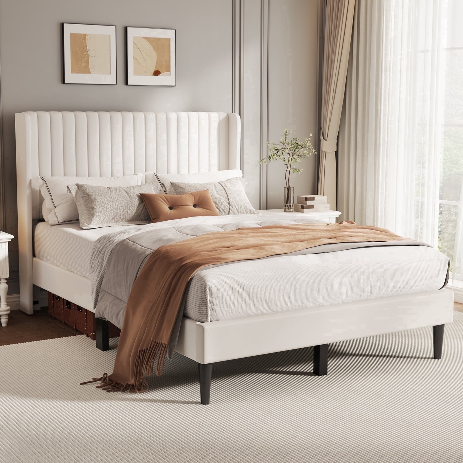 Sofanext Queen Wingback Platform Bed Frame, Tall Velvet Upholstered Headboard, Wood Slat Support, No Box Spring, Noise-Free, Cream White