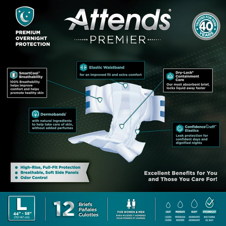 Attends Premier Adult Incontinence Brief L Heavy Absorbency Overnight,  ALI-BR30, Overnight, 48 Ct 