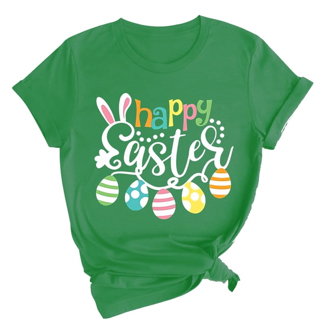 Pxiakgy Liquidation! T-Shirts de Pâques pour Femmes T-Shirt Lapin Heureux Col Rond Tee-Shirt Graphique Œuf de Pâques Hauts Graphiques de Vacances Mode Col Rond Imprimé de Pâques Manches Courtes T-Shirt Vert TG