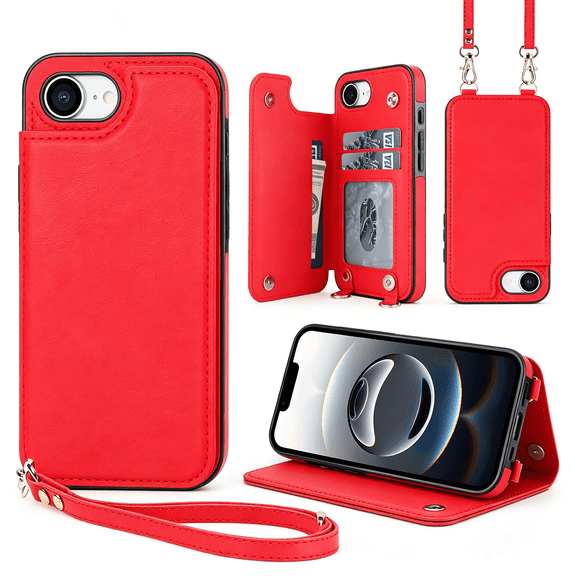 HBMYN for Iphone 17E / 16E Wallet Case with Card Holder, Pu Leather Rfid Blocking Kickstand for Women and Men, Crossbody Wallet Case for Iphone 17E/16E (Red)