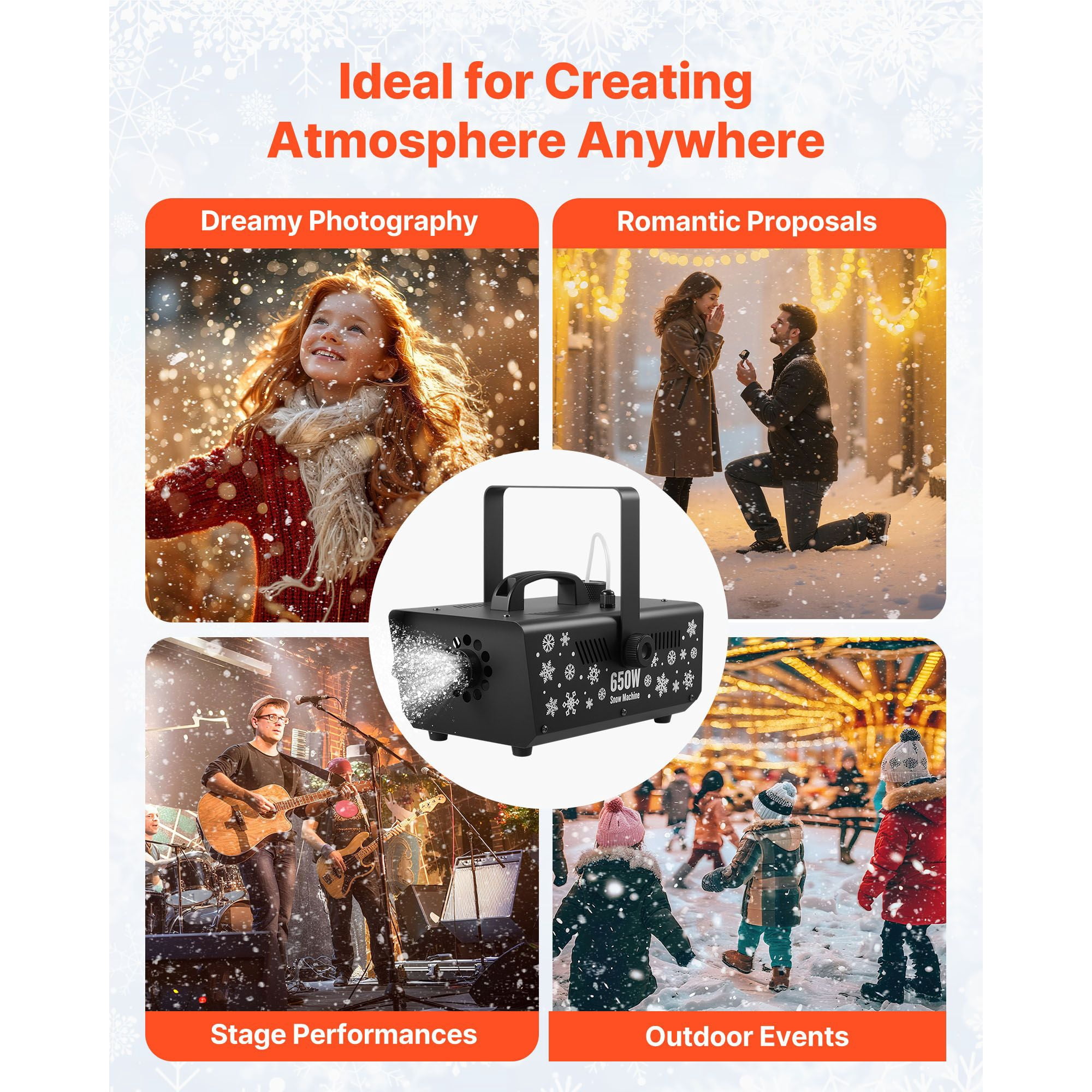 Snow Machine, 650W Handheld Hanging Fake Snow Maker, Snowmaking Machine with Portable Handle, Outdoor & Indoor Artificial Snowflake Maker for DJ Stage Parties Christmas Decor