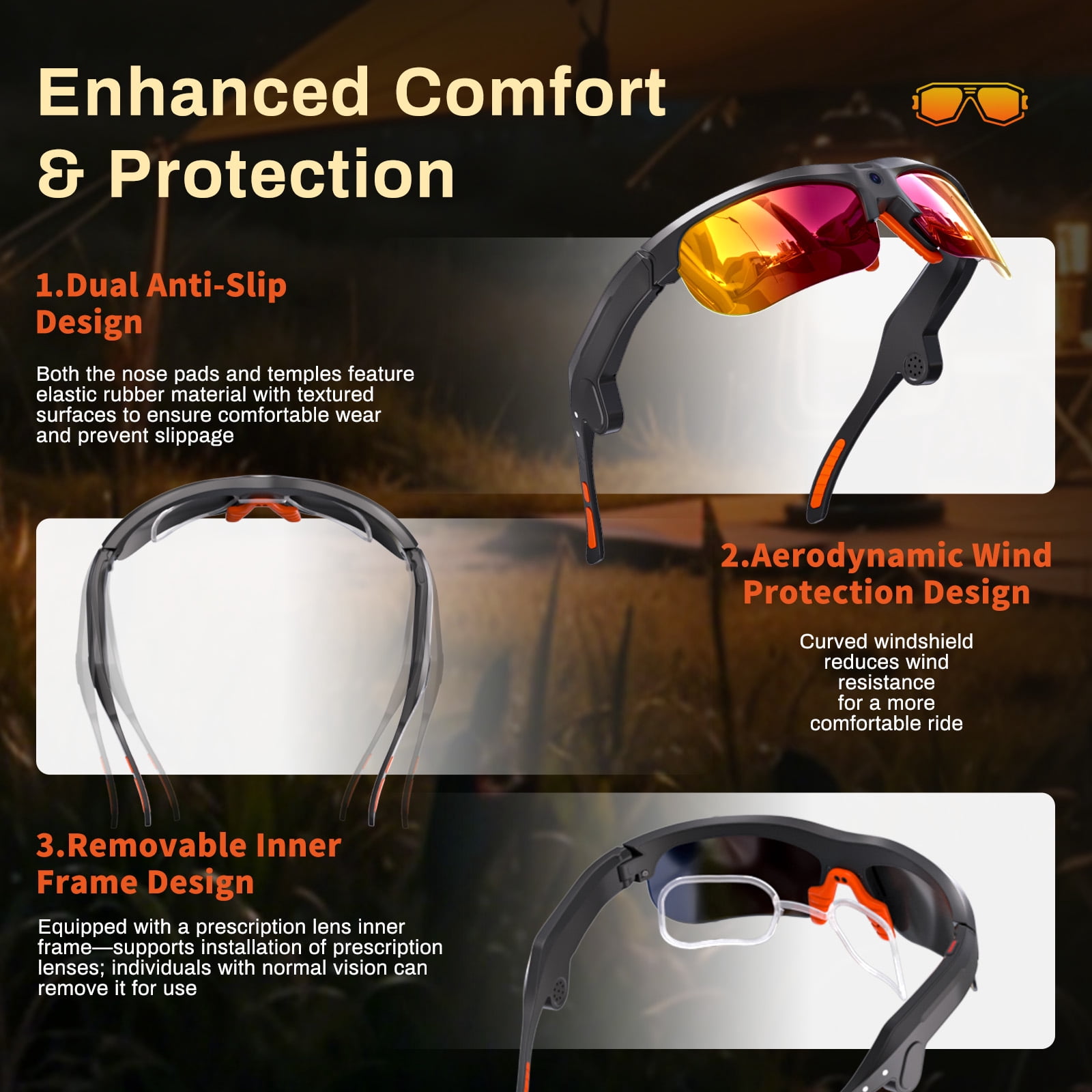 AI Smart Sports Glasses – 20MP Camera, EIS Video, Open-Ear Audio, Real-Time Translation, Photochromic UV400 Lenses for Cycling & Hiking, Purple