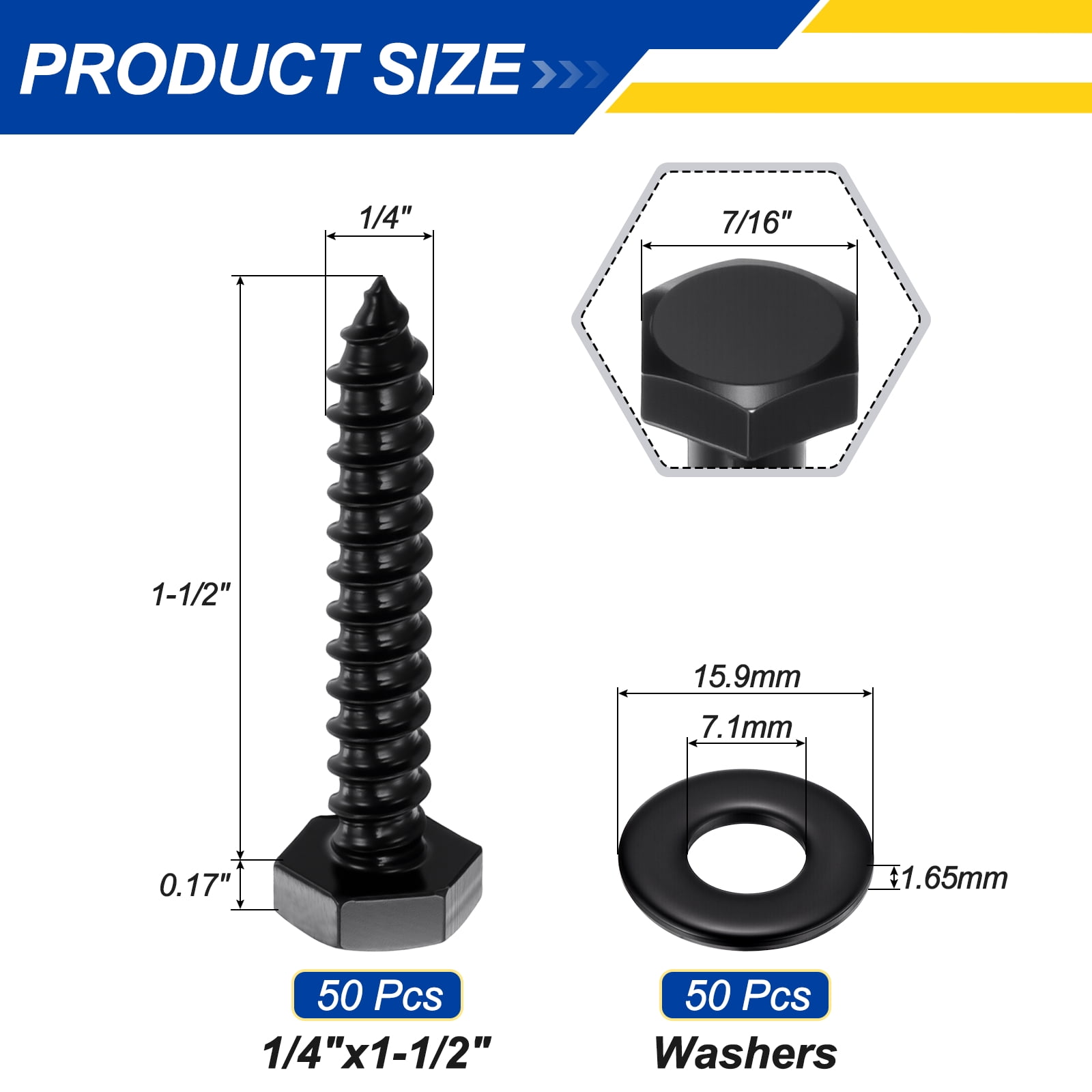 Uxcell 50 Pcs Hex Head Lag Screws - 1/4"x1-1/2" Stainless Steel 18-8 (304) Lag Bolts Hexagon Head Heavy Duty Wood Screws with Flat Washers for Wood, Decks, Fences, Furniture, Black