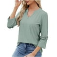 thumbnail image 3 of USNSM Women's Modest Pullover 3/4 Ruched Sleeve Length Loose Fit Tunic Blouses Hollow T Shirts Pleated Flare V Neck Tops Green XXL, 3 of 6