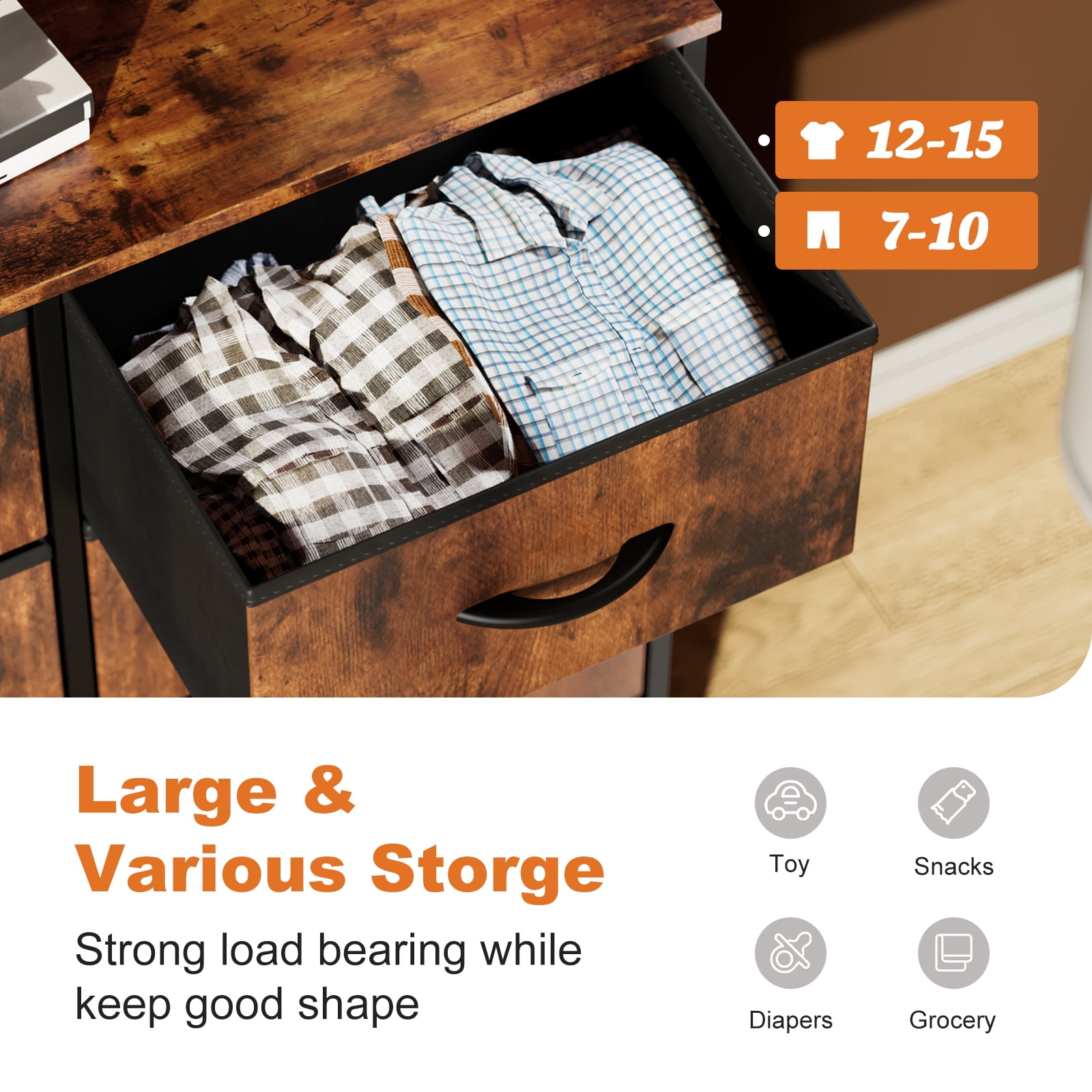 CONCETTA 6-Drawer Fabric Dresser Storage Chest for Bedroom, Closet, Storage Furniture for Adults, Rustic Brown