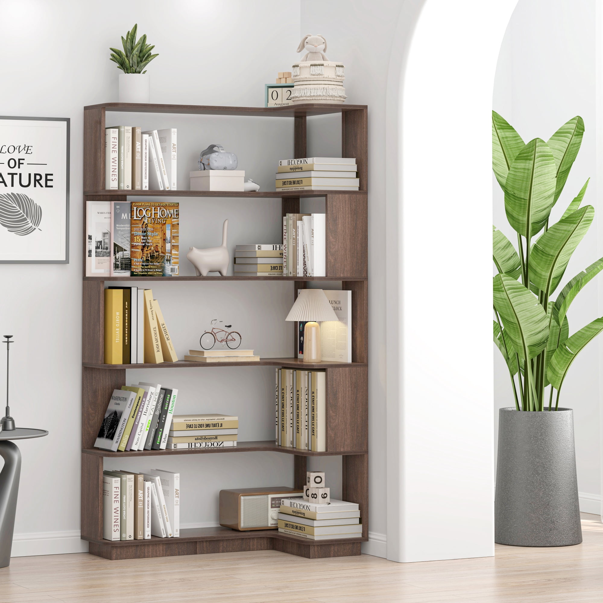 Leumius 5 Tier Freestanding Bookshelf,Wooden L-Shaped Corner Bookcase with Anti-drop Panel and Anti Tipping Device, Display shelf Open Storage,Dark Brown