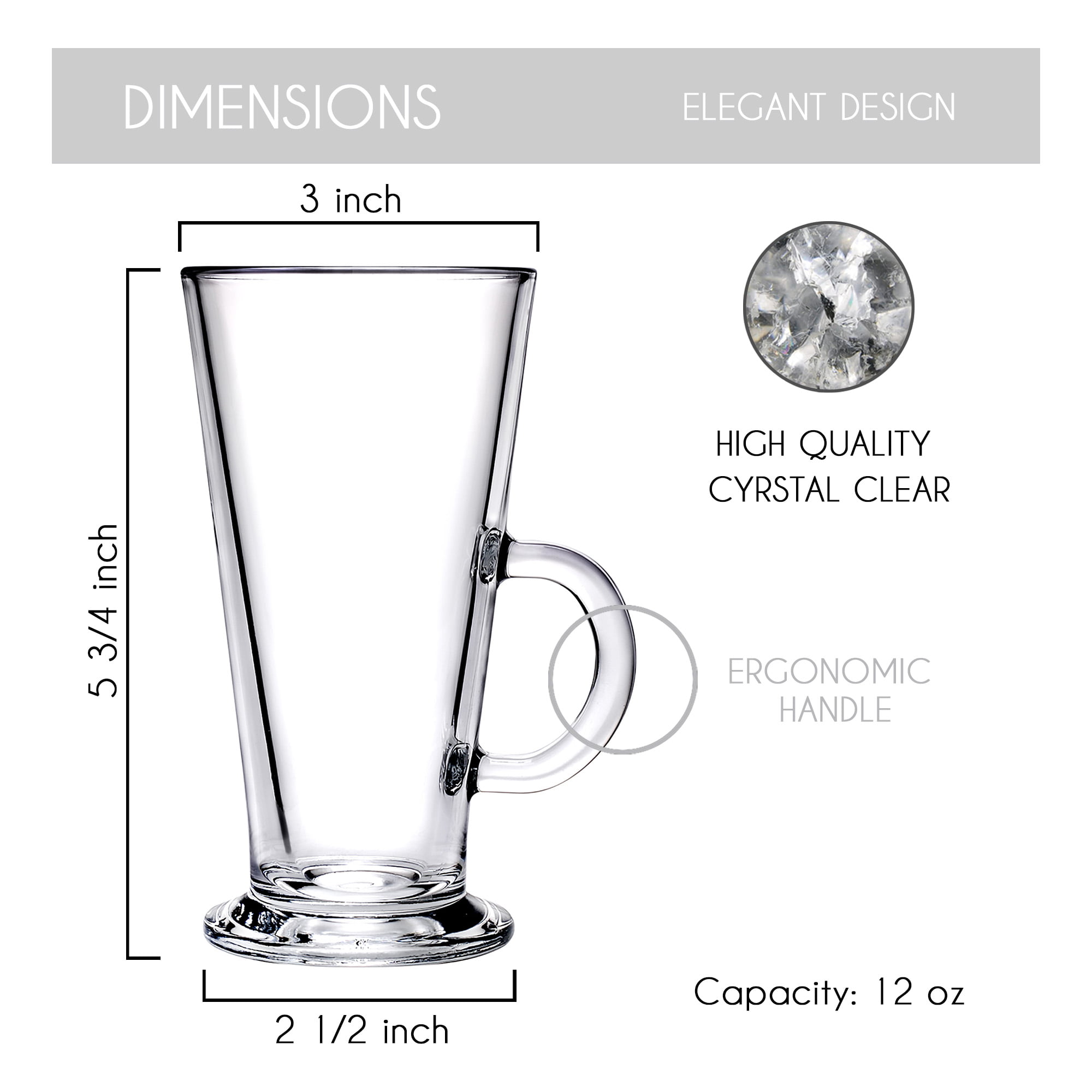 Crystalia Set of 2 Irish Coffee, Latte, Cappuccino and Hot Chocolate Glass Mugs with Handle, 7 3/4 oz, Clear