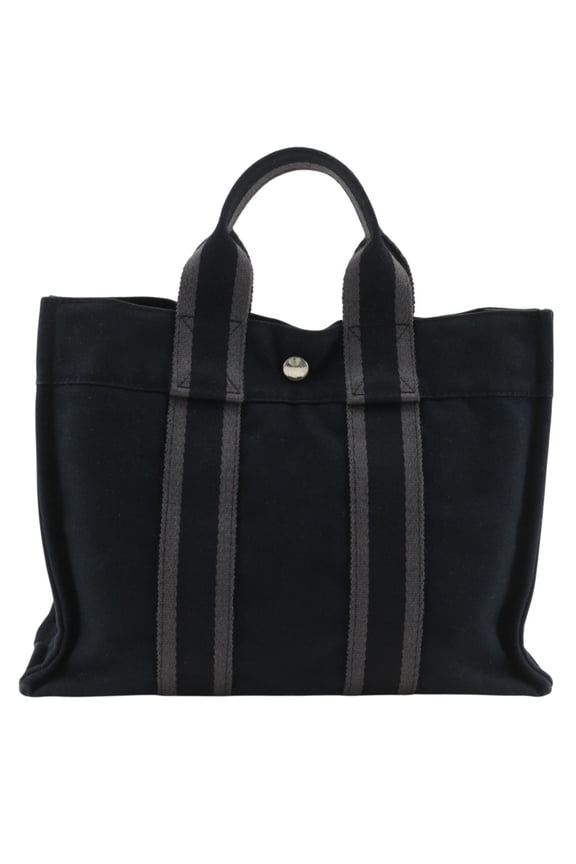 Pre-Owned Hermes Fourre Tout PM handbag, canvas, black, A5 size, snap button closure, unisex.