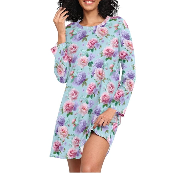 joogoo Peony Flower Hydrangea Women's Long Sleeve Nightgown Sleepwear L