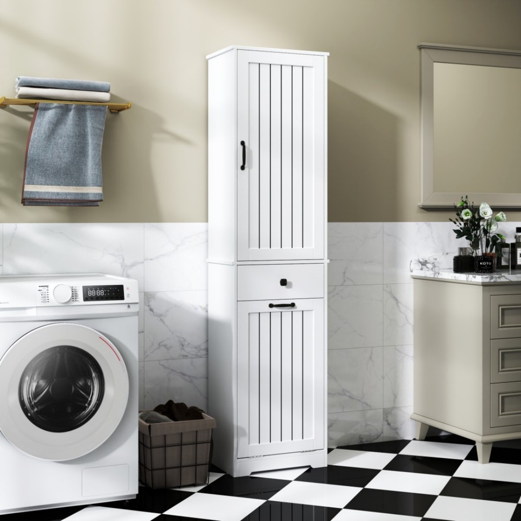 71"H Laundry Cabinet with 1 Storage Cabinet, 1 Drawer and Removable Laundry Bag, White, Hamper Organizer for Bathroom, Bedroom, Laundry Room, White