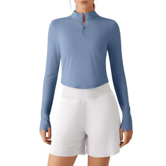 G4Free Lightbreeze Women's UPF 50 Sun Shirts Long Sleeve Crop Workout Tops Thumbholes Mock Neck Quater Zip Tees Running