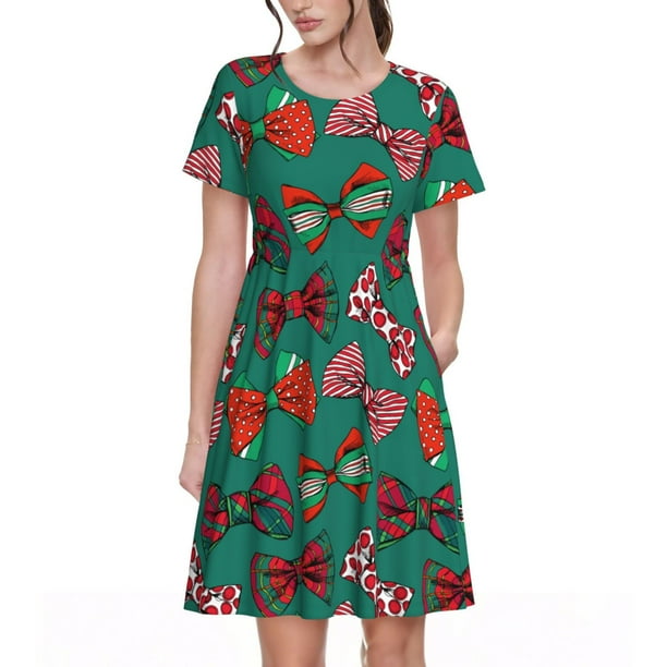 Fotbe red and green bow tie Vestido Largo de Moda para Mujer, Vestido Tipo Camiseta con Manga Corta y Estilo Casual a Rayas y Bloques de Color