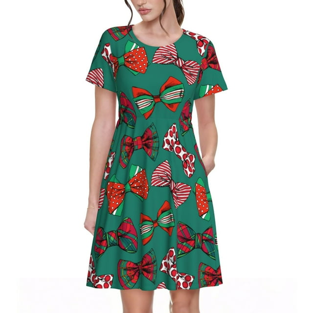 Fotbe red and green bow tie Vestido Largo de Moda para Mujer, Vestido Tipo Camiseta con Manga Corta y Estilo Casual a Rayas y Bloques de Color
