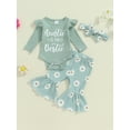 thumbnail image 5 of Aojekbee Baby Girls Fall Outfits Letter Print Long Sleeves Romper and Elastic Daisy Flared Pants Headband Set 3 Piece Clothes, 5 of 10