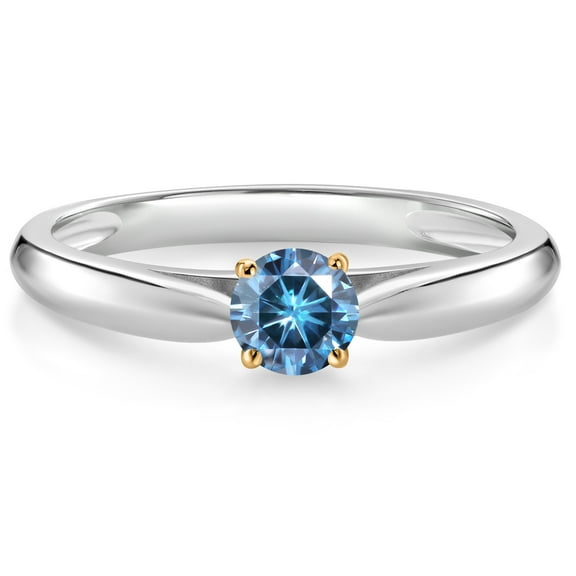 Gem Stone King 10K White and Yellow Gold Persian Blue Moissanite Solitaire Engagement Ring for Women (0.23 Cttw, Gemstone, Round 4MM, Size 9)