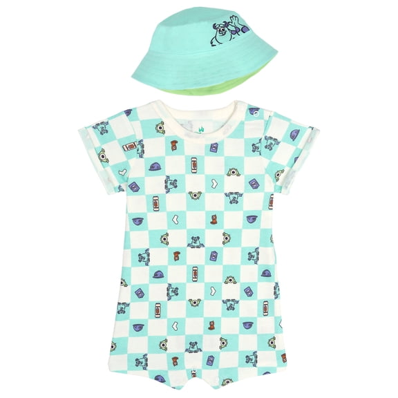 Disney Pixar Monsters Inc Romper and Reversible Sun Hat Set Sulley and Mike Teal