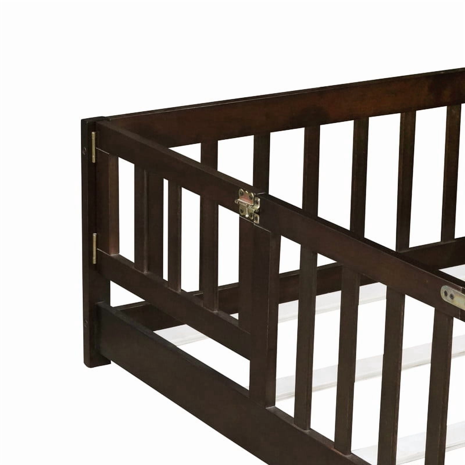 Mirightone Twin Size Floor Bed , Wood Montessori Floor Beds with Fence Railings, Door & Slats Support, Twin Playhouse Bed Frame, (Espresso)