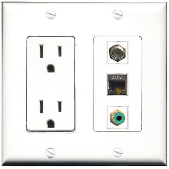 RiteAV - 15 Amp Power Outlet 1 Port RCA Green 1 Port Coax 1 Port Shielded Cat6 Ethernet Ethernet Decorative Wall Plate
