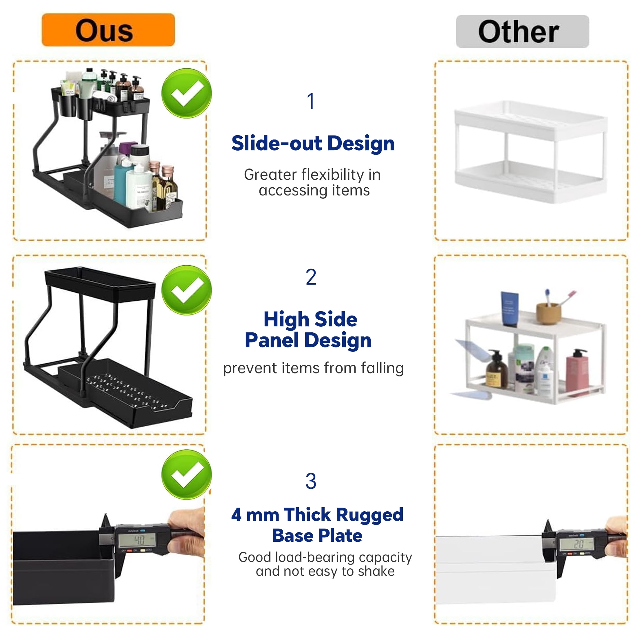 HIOHA 2-Pack 2-Tier Under Sink Pull-Out Cabinet Organizer for Kitchen and Bathroom, L-Shaped Narrow Space Shelves