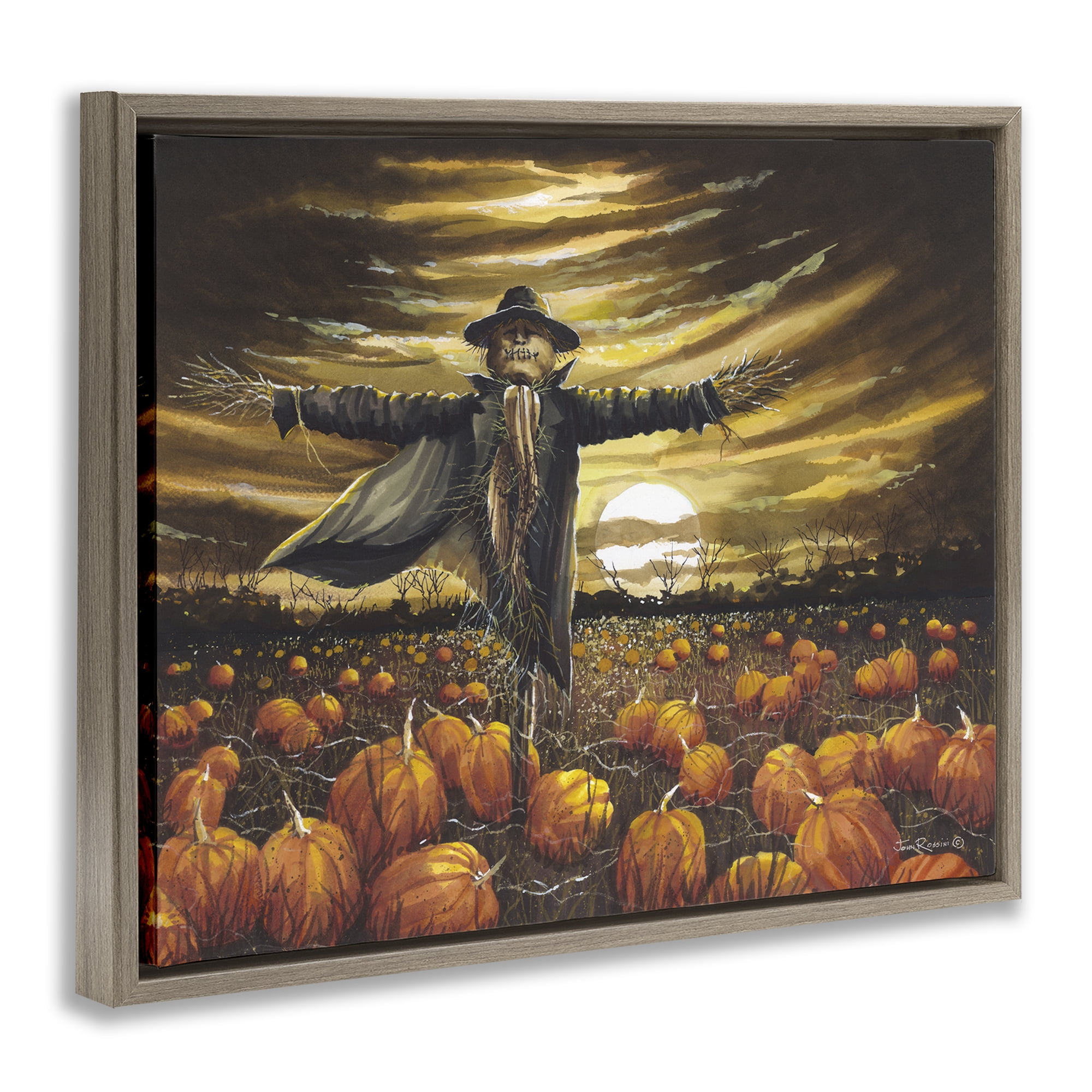 Stupell Industries Scarecrow in Pumpkin Field Holiday Painting Brown Floater Framed Canvas Art Print Wall Art, 21 x 17