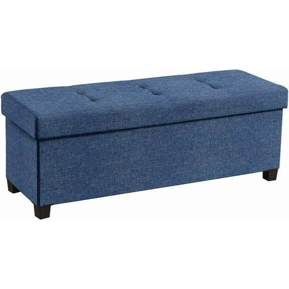 Ornavo Home 43 Inch Folding Storage Ottoman  - Long Large Chest, Foot Rest Stool, Bedroom  With Storage - Navy Blue