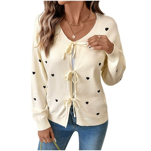 Craaazy Womens Sweaters Heart-Shaped Pattern V-Neck Cardigan Sweater Bowknot Knit Tops Gifts For Women