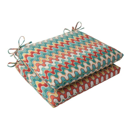 Set of 2 Moroccan Red & Turquoise Outdoor Patio Square Chair Cushions 18.5