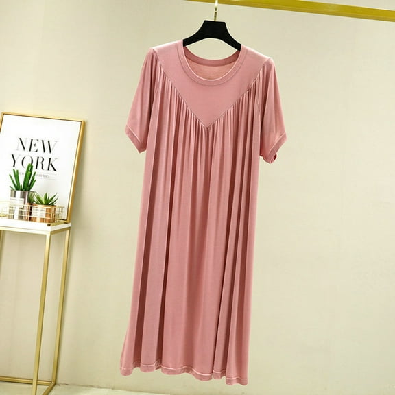 QUINDOS Plus Size Pajamas for Women Midi Long Nightgowns for Women Pleated Front Short Sleeve Sleep Dress Casual Solid V Neck Pockets Sleepwear Night Dress