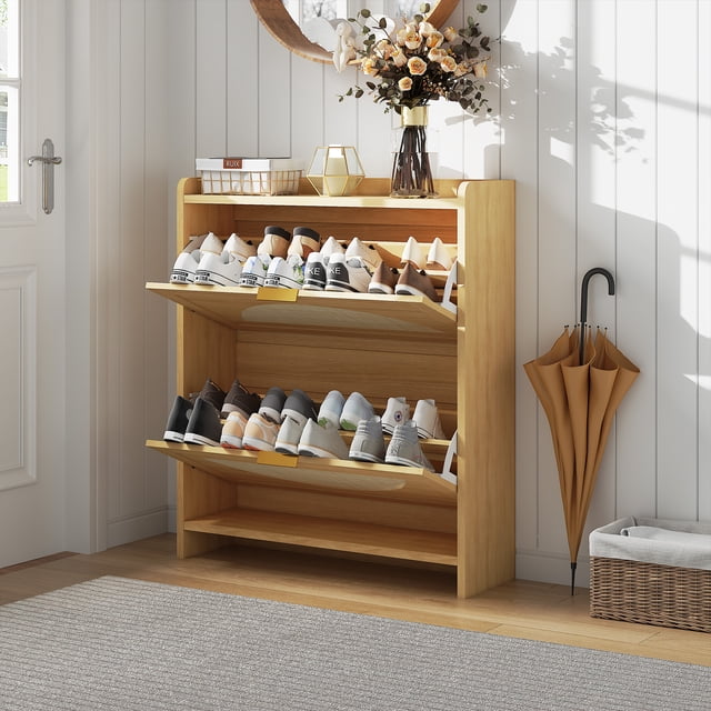 Yiwa 2-Tier Rattan Shoe Storage Cabinet, Flip-Drawer Organizer for Compact Entryways and Hallways