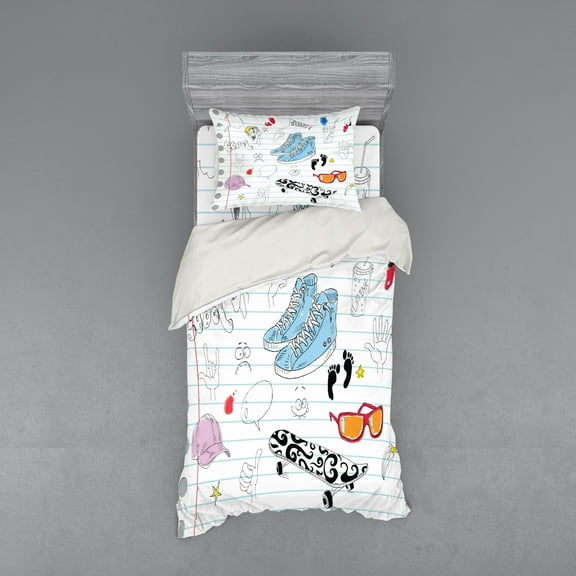 Ambesonne Hipster Bedding Set 3 Pcs, Drawings on a Notebook, Twin XL, Black Pale Blue Ginger