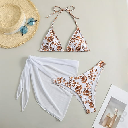 SnnmBlm Bikini Sets for Women 3 Piece Floral Print Halter Triangle Bathing Suit Swimsuit with Sarong Cover Up Hot Pink L