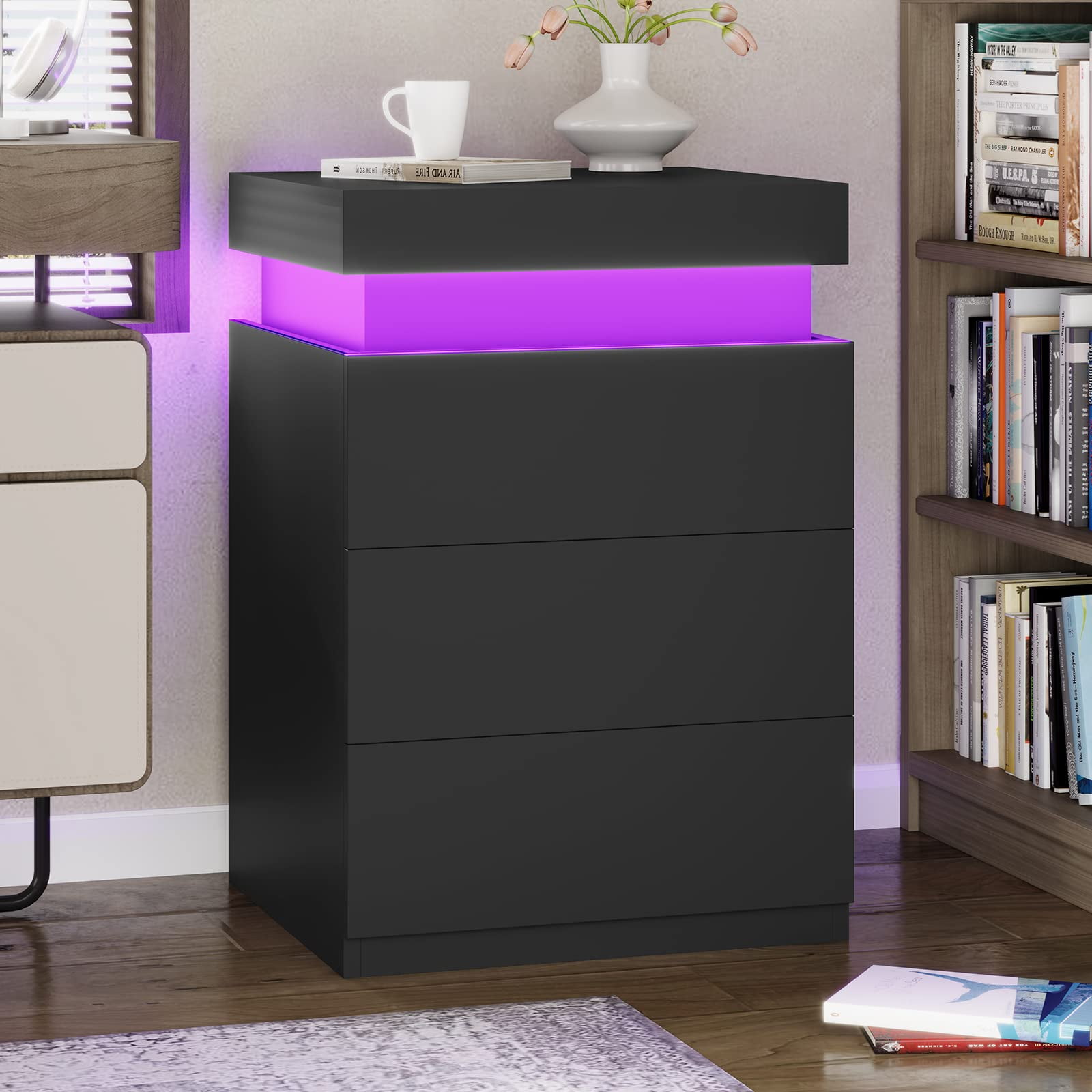 LED Nightstand Charging Station USB Port Outlets Bedside Table 3 Drawers Black Night Table Modern Smart Nightstand Sliding Top End Side Table for Bedroom Furniture 26.8" Tall,2pcs
