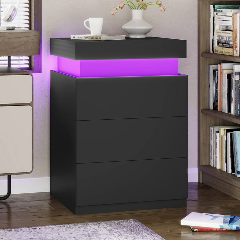 Tiptiper LED Nightstand with Reversible Lift Top, Tall Night Stand with 2  Drawers, Charging Station, Bedside Table for Bedroom, Black 