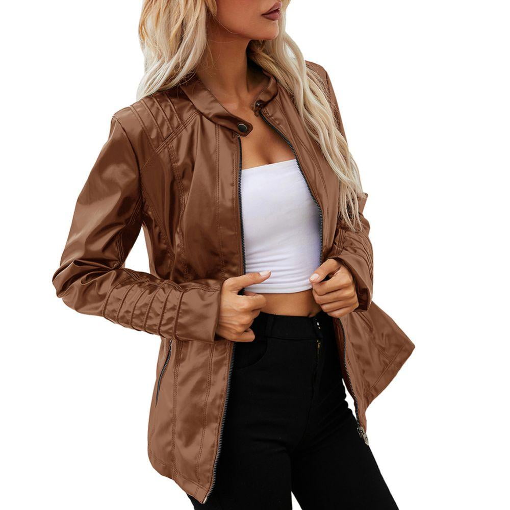 Ladies Long Sleeve Faux Leather Smart Side Zip Belted Waist Biker Coat Jacket 