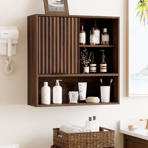 Joyyskill Waterproof Medicine Cabinet with Adjustable Shelf, Wooden Bathroom Storage with Fluted Sliding Door, Modern Wall Mounted Cupboard,1 Pcs Brown