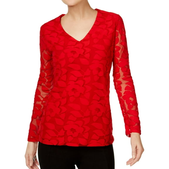 I.N.C Womens Burnout Illusion Knit Blouse, Red, X-Small