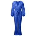 thumbnail image 2 of 2DXuixsh Formal Pant Suits for Women Evening Wear Women's Fashion Casual V Neck Long Sleeve Sequin Jumpsuit Wide Leg Pants Jumpsuit Jacket Women Winter Polyester Blue Xl, 2 of 5