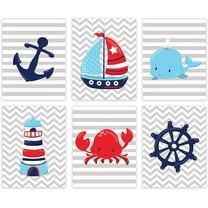Andaz Press Ocean Nautical Theme Nursery Hanging Wall Art, Red Navy Blue Sailboat Anchor Captain's Wheel