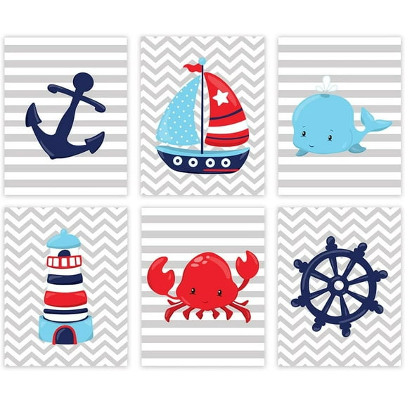 Andaz Press Ocean Nautical Theme Nursery Hanging Wall Art, Red Navy Blue Sailboat Anchor Captain's Wheel