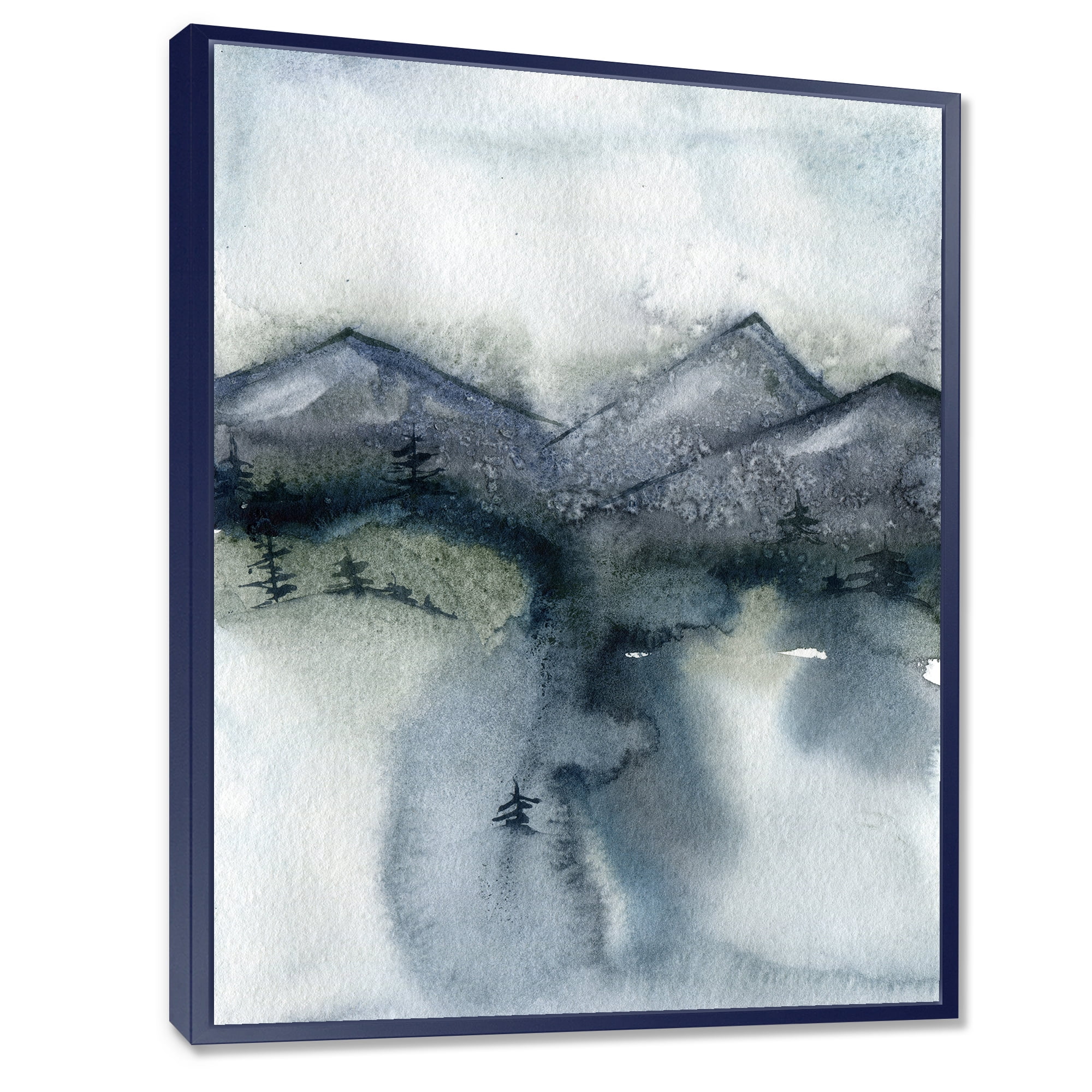 Minimalistic Landscape of Mountains Snow and Trees 30 in x 40 in Framed Painting Canvas Art Print, by Designart