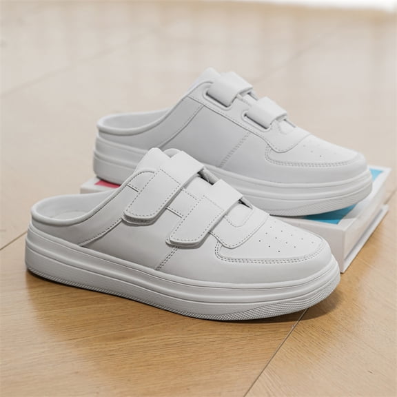 Men's White Leather Double Strap Mule Slip On Platform Casual Skate Shoes, Non-Slip Backless Walking Trainers, Wide Toe Lazy Daily Driving Footwear