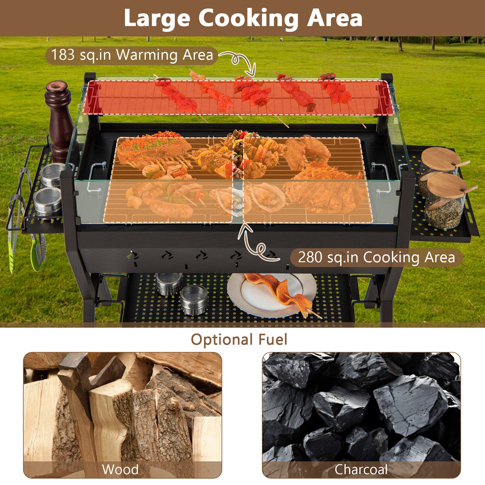 Amijoy Stainless Steel Barbecue Charcoal Grill With Unique Glass Windshield, Seasoning And Storage Rack, Heating And Cooking Grill, Outdoor Barbecue Grill