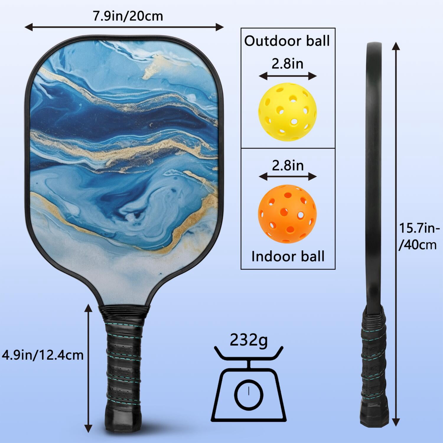 Pickleball Paddles Set Of 1, Fiberglass Surface, Turquoise Marble Pattern, 1 Paddle, 2 Balls & Bag