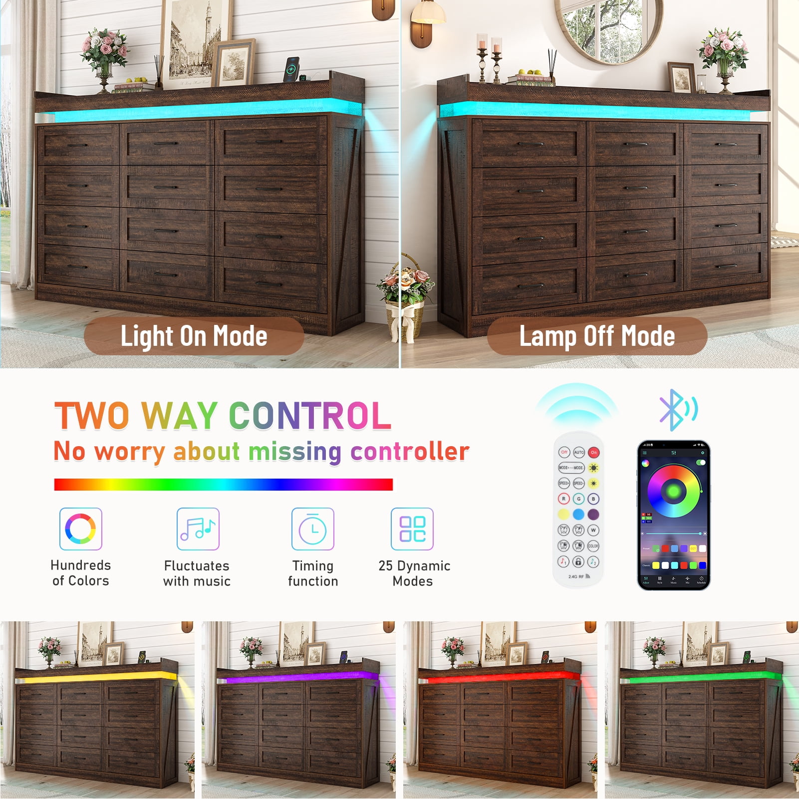 ChVans 12 Drawer Dresser with LED Light and Charging Station, 71" Wide 46" Tall Farmhouse Large Chest of Drawers for Closet, Large Wide Drawer Organizer Cabinet for Bedroom, Living Room