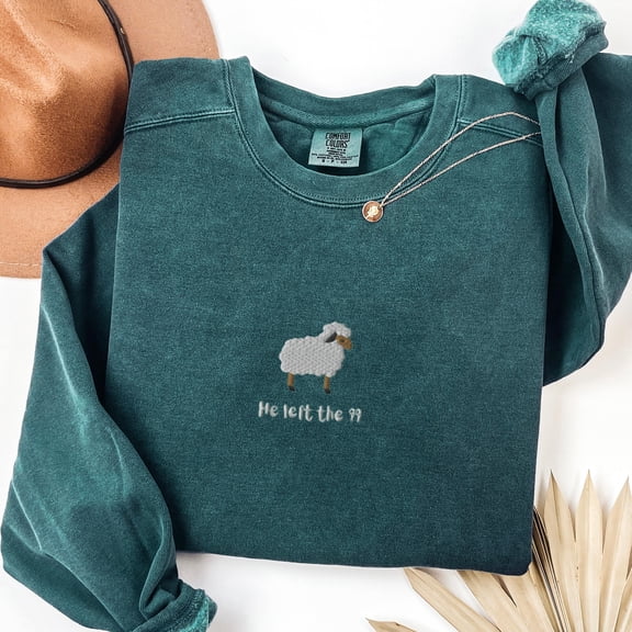 Embroidered Christian Crewneck | Comfort Colors Bible Verse Sweater | Lost Sheep Sweatshirt | Jesus Leaves The 99 | Christianity Gift