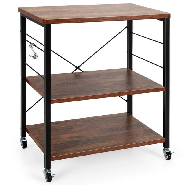3-Layer Microwave Stand Bakers Rack, Kitchen Rolling Cart with 4 Universal Wheels and 10 Removable Hooks, Coffee Cart Shelf Organizer for Kitchen, Living Room, Entryway, Vintage